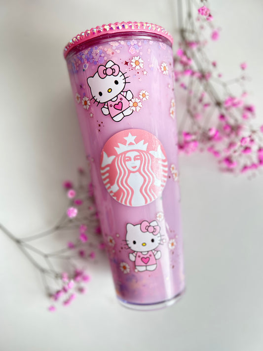 PINK KITTY WITH DAISIES SNOWGLOBE TUMBLER